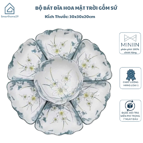 Bộ Bát Đĩa Gốm Sứ Cao Cấp, Hoa Mặt Trời Thắp Hương, Cúng Gia Tiên Hoa Thủy Tiên - HÀNG CHÍNH HÃNG MINIIN