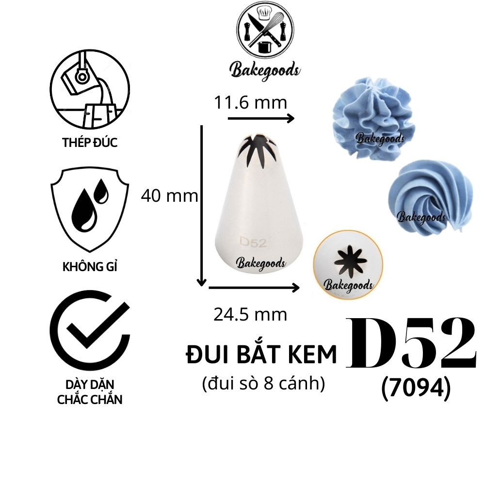 Đui bắt kem D52, Đuôi bắt bánh quy, đui bắt hoa trang trí bánh bằng thép không gỉ đúc liền khối dày dặn, cứng cáp