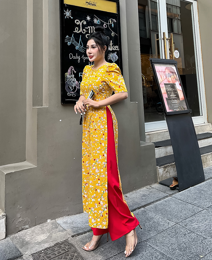 Áo dài hoa nhí tay phồng điệu đà AD026 - Lady Fashion