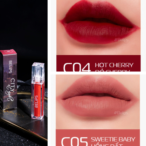 Combo son kem lì mỏng mịn mềm môi C04 Hot Cherry + C05 Swettie Baby Belips City At Night