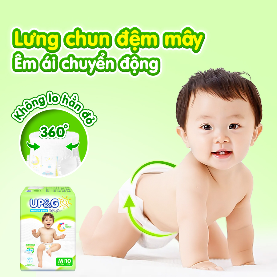 Combo 10 gói Tã/ Bỉm Quần Em Bé Siêu Mỏng Up&amp;Go Lõi Nén 2mm Siêu Mềm Mại, Siêu Khô Thoáng, Siêu Thấm Hút Size S/M/L/XL