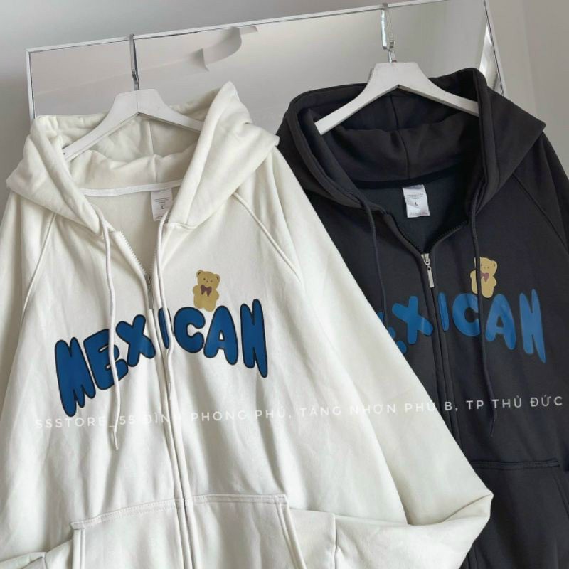 Áo Khoác Nỉ Chữ MEXICAN Gấu Siêu Cute Có Nón Mũ 2 Lớp - FREESHIP Kiểu Hoodie Có Khóa Kéo Zip Nam Nữ Cặp Đôi