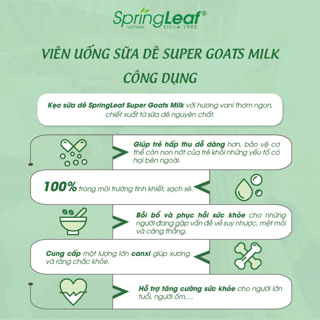 Viên nhai sữa dê cung cấp canxi, thích hợp cho người không dung nạp lactose SpringLeaf Super Goat Milk 200 viên