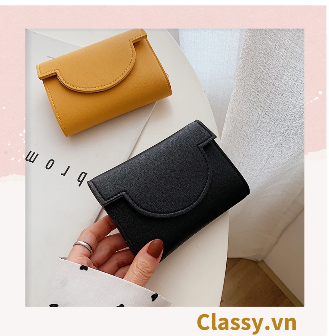 Ví nữ ngắn dạng gập màu trơn, nhiều ngăn đựng thẻ, có nút bấm T1308