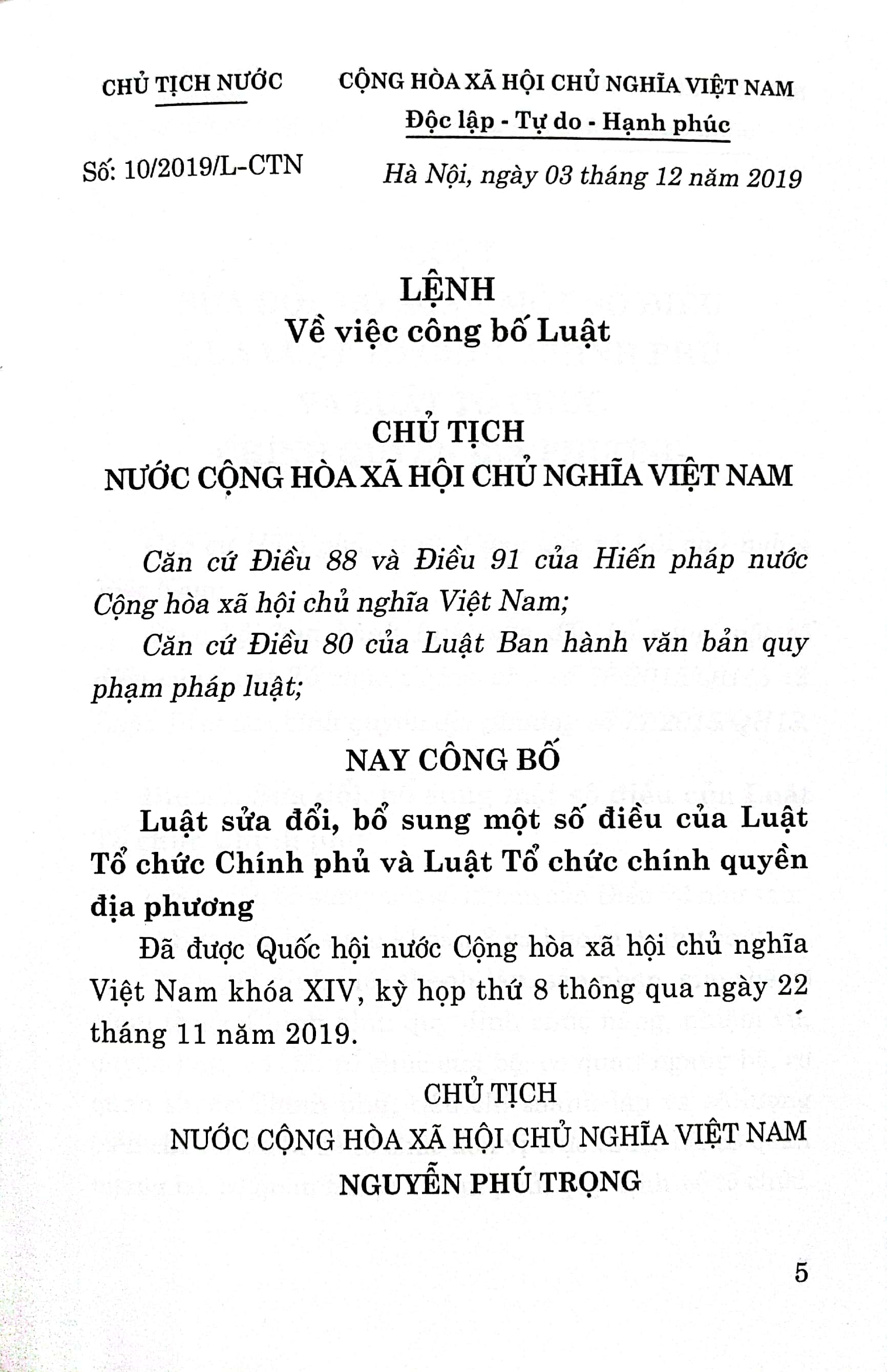 Luật sửa đổi, bổ sung một số điều của Luật Tổ chức Chính phủ và Luật Tổ chức Chính quyền địa phương