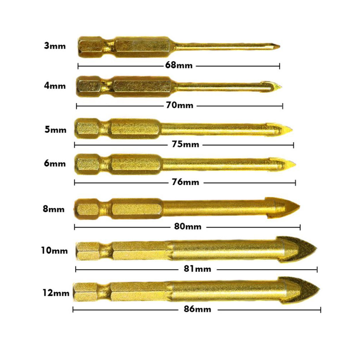 Bộ 7 Mũi Khoan Tam Giác Mạ Titan Khoan Tường - Thủy Tinh - Bê Tông Đa Chức Năng từ 3-12mm