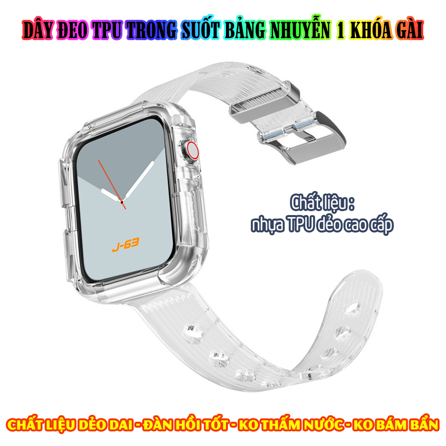 Dây Đeo liền ốp dành cho Apple Watch 7/6/5/4/3/2/1 size 38/40/41/42/44/45mm TPU trong suốt bản nhuyễn 1 khóa gài - nhiều màu (tặng cường lực dẻo theo size)