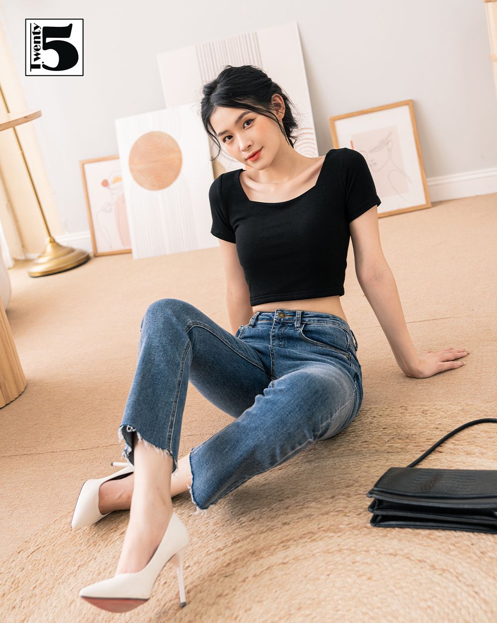 Quần bò jeans nữ ống loe, gấu cắt, màu xanh, đen TWENTYFIVE 4152