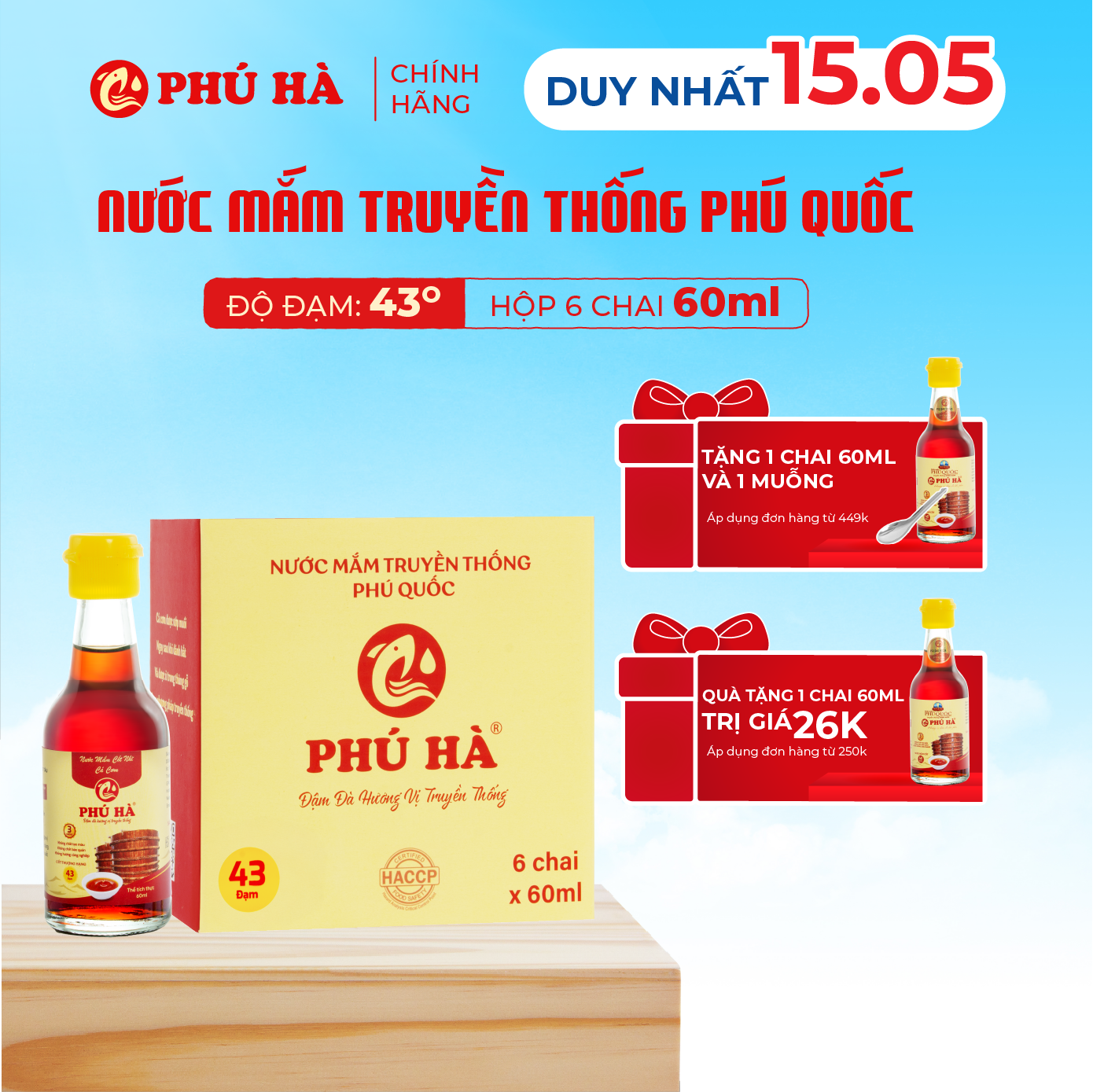 Nước mắm truyền thống Phú Quốc Phú Hà 43 độ đạm - Hộp 6 chai 60ml