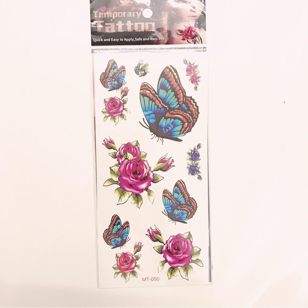 Hình xăm dán hoa hồng và bướm xanh 10x20cm- tặng đồng size khi mua từ 5 tấm