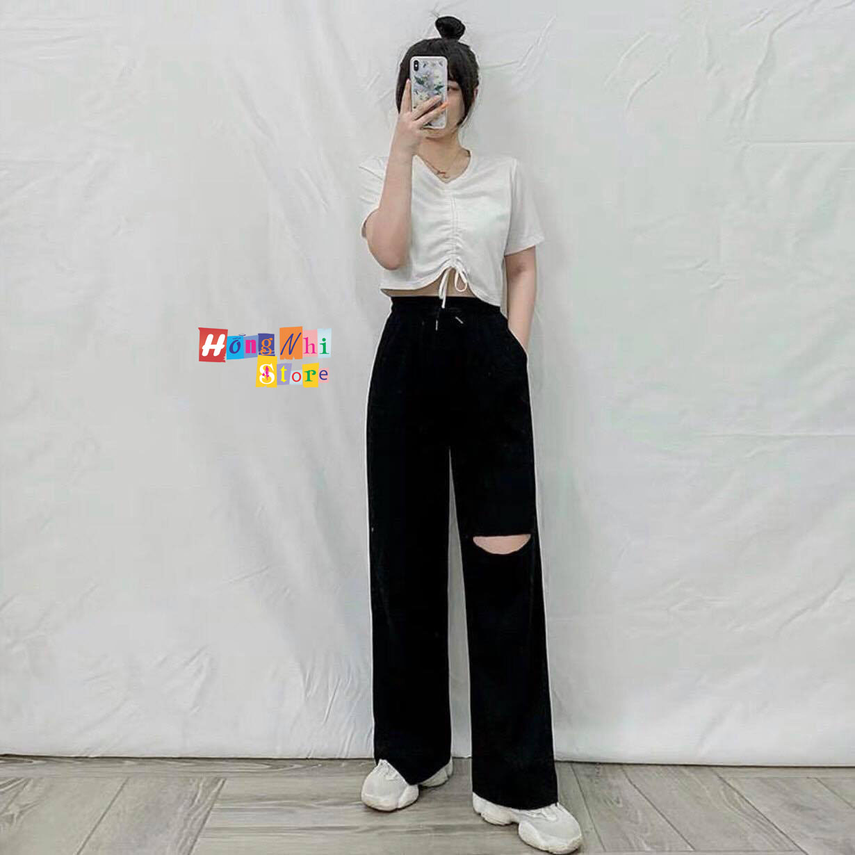 Quần Ống Rộng Rách Gối Màu Đen - Quần Ống Rộng Lưng Thun Rách Gối Unisex - MM