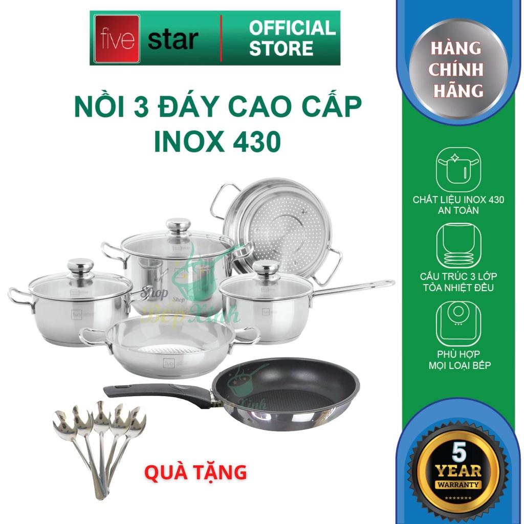 Bộ Nồi và chảo 3 Đáy Inox 430 Fivestar Standard bếp từ nắp kính , tặng 5 muỗng