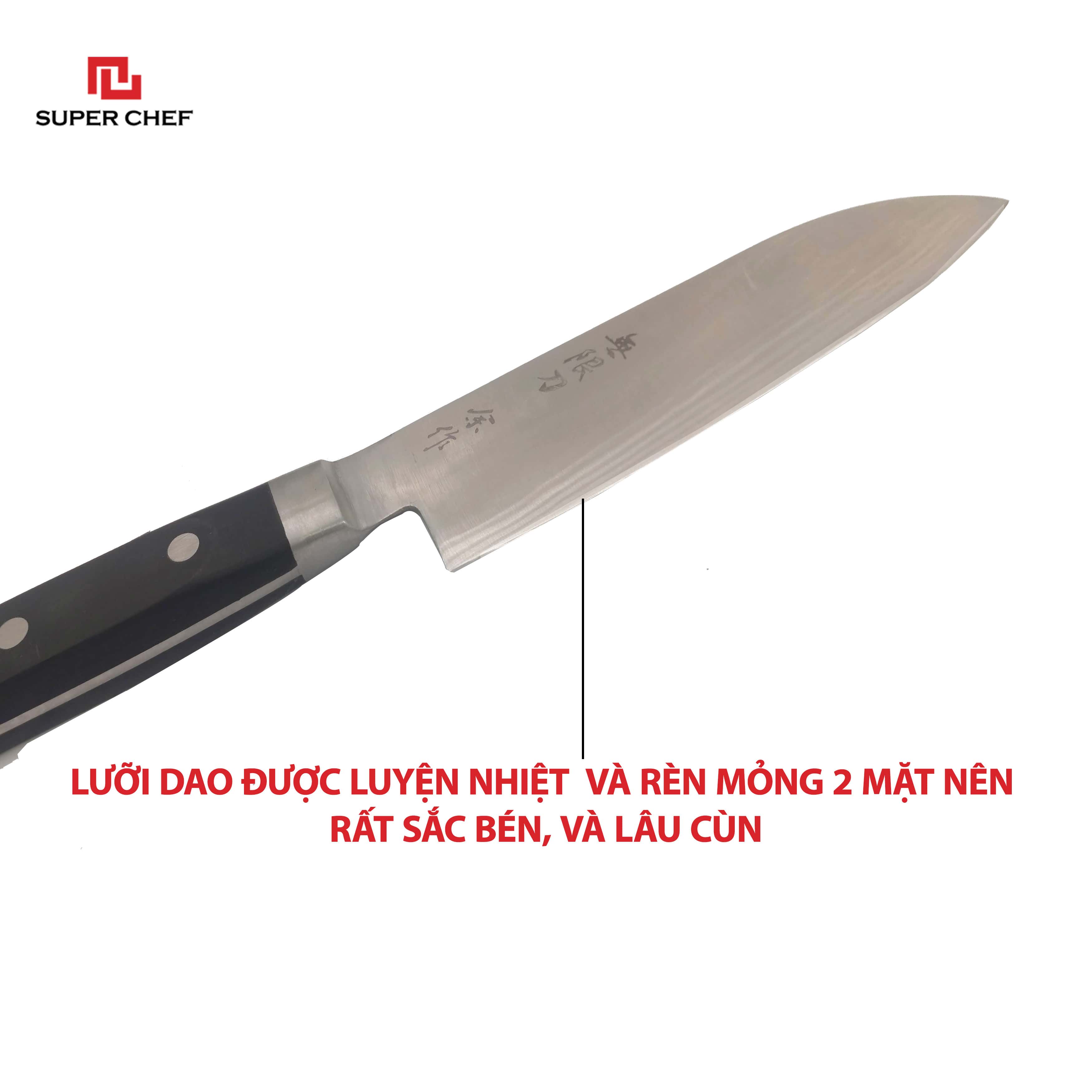 Dao Bếp Ngắn Santoku Chính Hãng Super Chef Công Nghệ Nhật Siêu Sắc Bén, Lâu Cùn, Lưỡi Thép Cao Cấp Không Gỉ Sét , An Toàn Sức Khỏe Siêu Tiện Lợi
