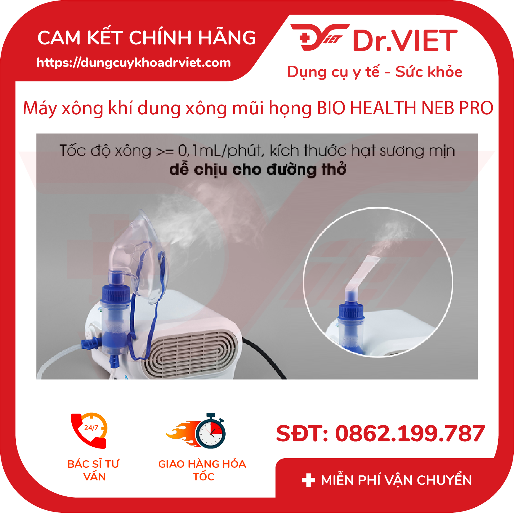 Máy xông khí dung BioHealth NEBPRO (dùng cho mọi đối tượng, sử dụng đơn giản, dễ chịu cho đường thở, dễ dàng mang khí đưa đến phổi) - DrViet