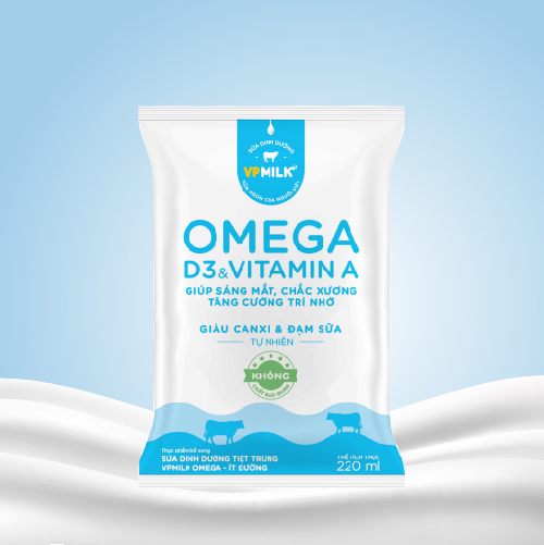 Sữa Dinh Dưỡng Tiệt Trùng VPMilk Omega Ít Đường Bịch 220ml (Thùng 48 bịch)