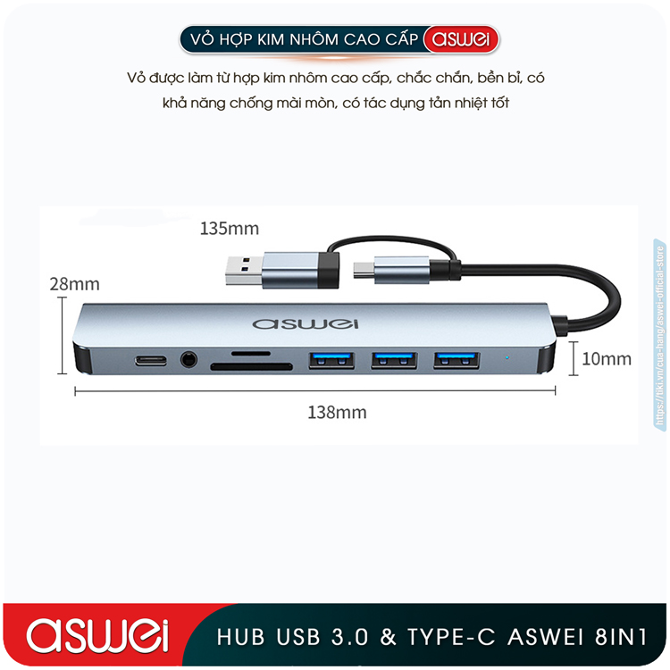 Hub Type C Và Hub USB ASWEI 8 in 1 To USB 3.0, SD, TF, USB C, Audio 3.5mm - Cổng Chia USB, Ổ Chia USB Tốc Độ Cao - Hub Chuyển Đổi USB Type C 8 Cổng Dành Cho Macbook, Laptop, PC, Máy Tính Bảng, Điện Thoại - Hàng Chính Hãng