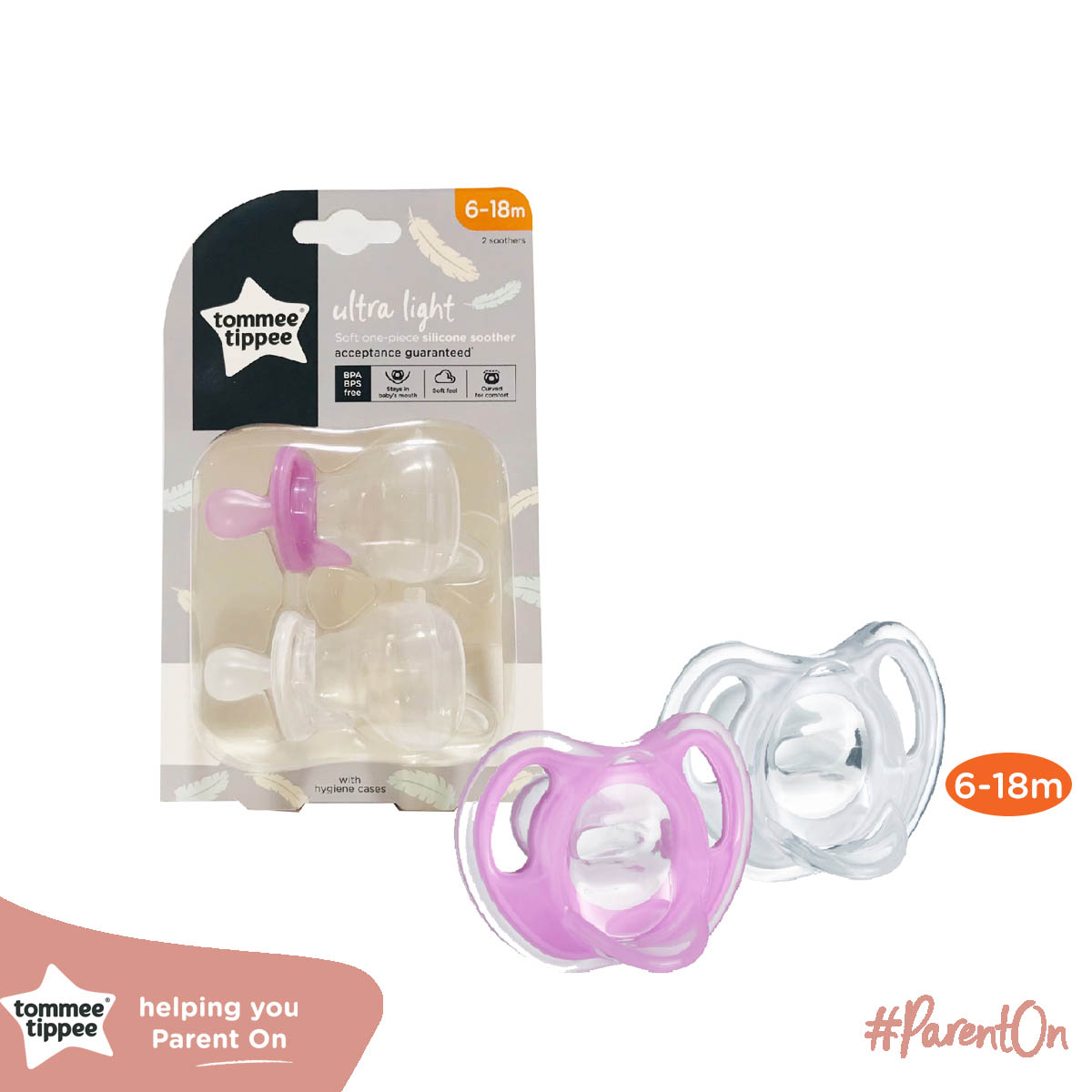 Ty ngậm silicon siêu nhẹ cho bé Tommee Tippee Ultra Light 6-18 tháng (vỉ đôi) - Tím/Trắng