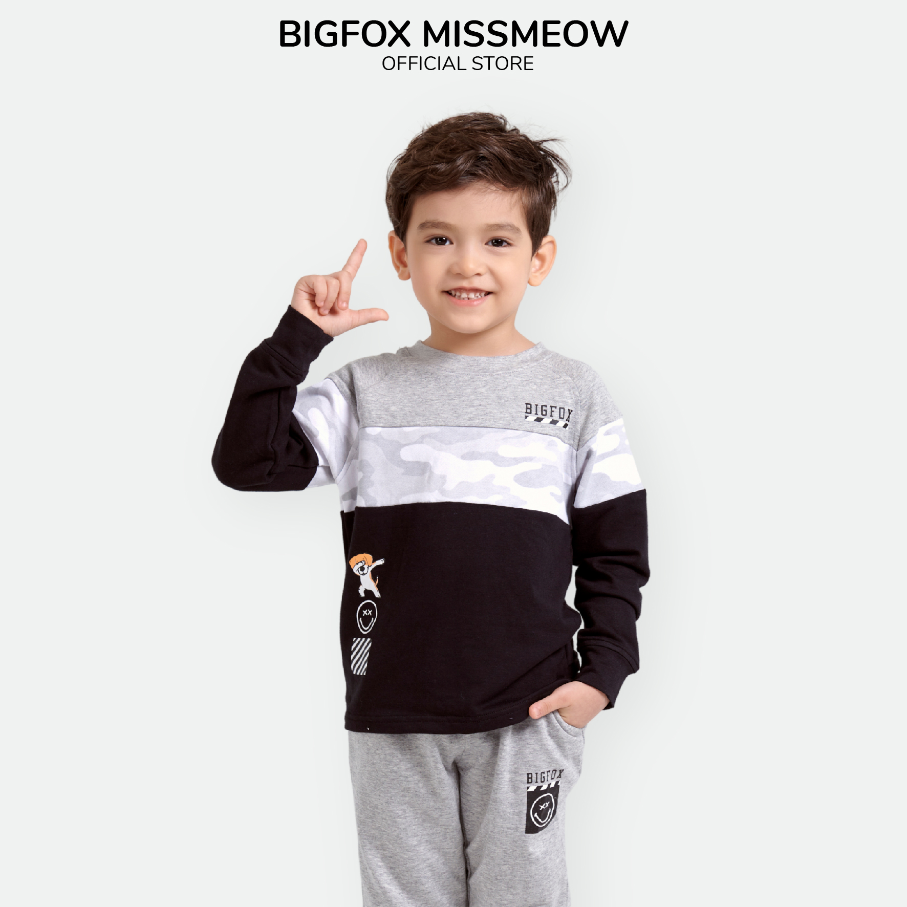 Bộ dài tay bé trai BIGFOX - MISS MEOW size đại, bộ thu đông cho bé phong cách Âu Mỹ phối 3 màu rằn ri in mặt cười 11 - 38kg
