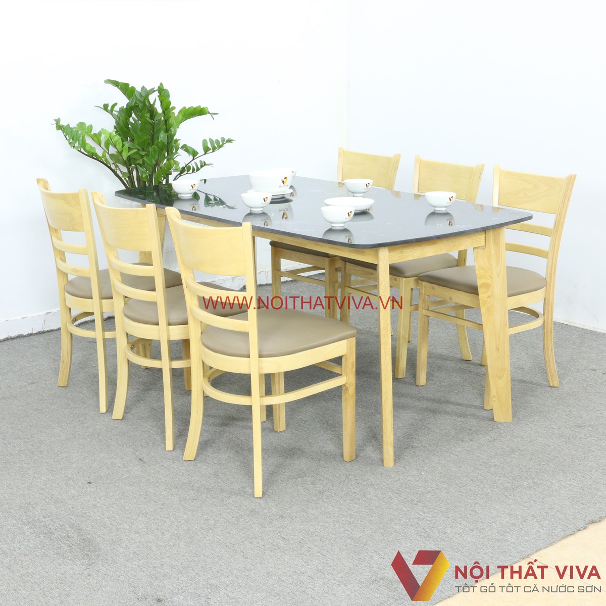 Bộ Bàn Ăn Cabin Mặt Đá Hoa Cương 6 Ghế Gỗ Cao Su Màu Vàng Đẹp Giá Rẻ