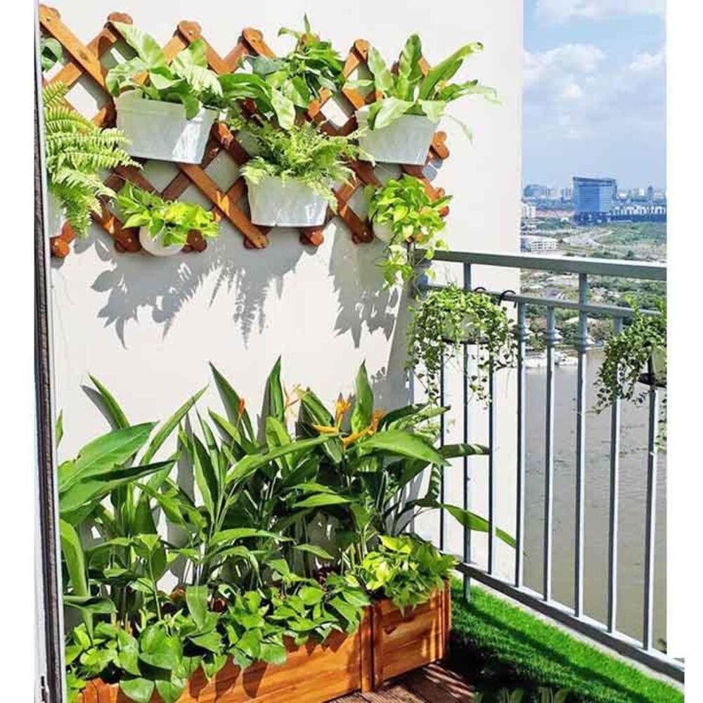 COMBO Khung giàn gỗ Caro C180cm & chậu gỗ chữ nhật D85cm GREENHOME-Trang trí sân vườn, trồng cây dây leo-chống mối mọt, chịu được mọi thời tiết