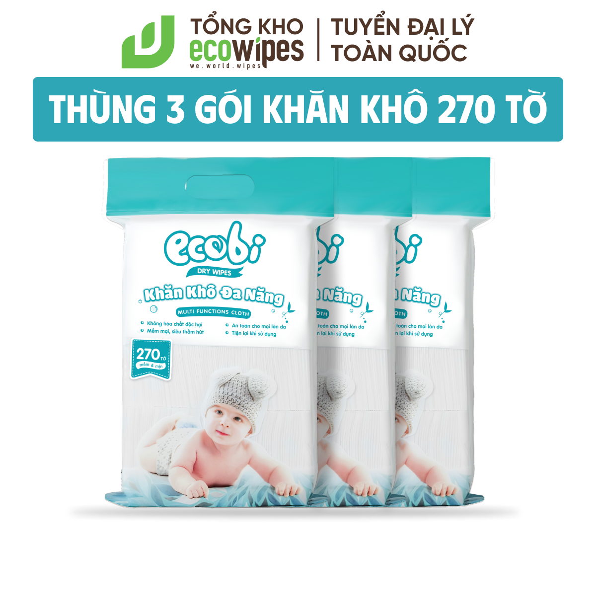 Thùng 03 túi khăn vải khô đa năng cho bé EcoWipes túi 270 tờ 345g mềm mịn dai thấm hút tốt