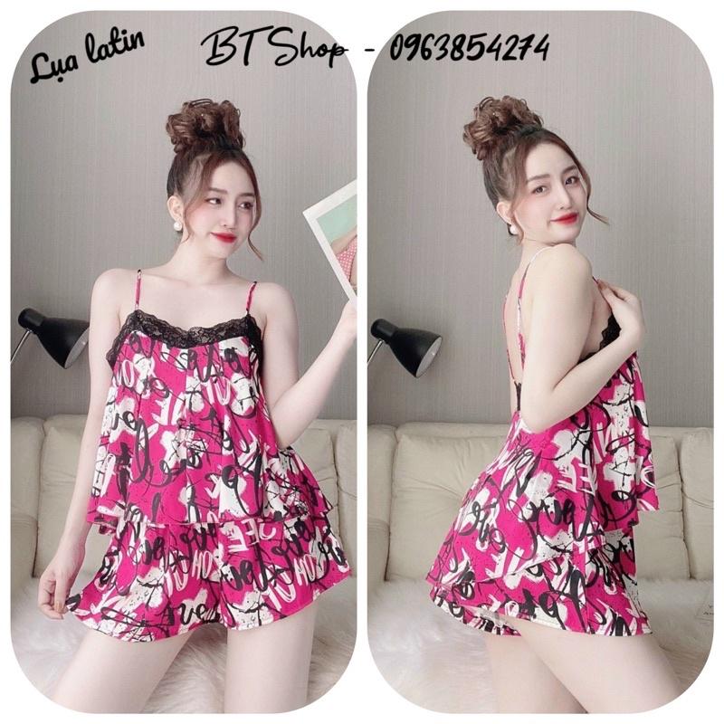 Đồ ngủ lụa latin 2 dây phối ren quần đùi ống rộng freesize 42-57kg