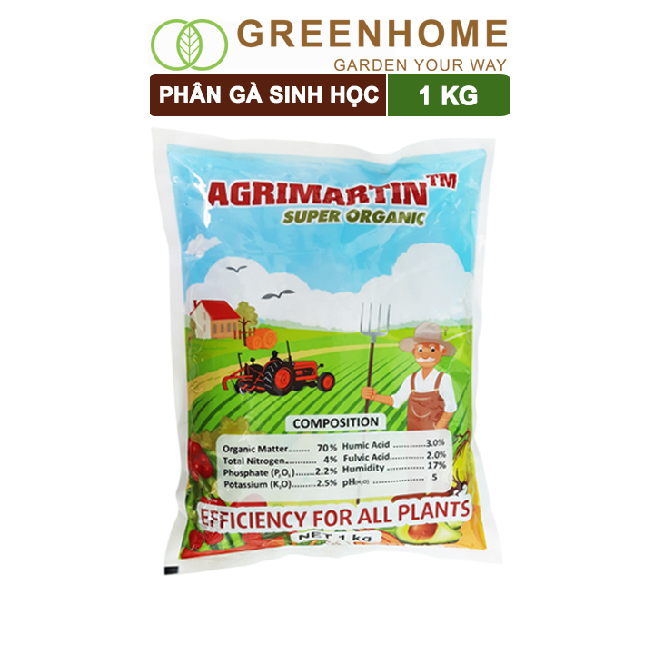 Phân gà Agrimartin, bao 1kg, viên nén, hữu cơ sinh học bón rau sạch, cây ăn quả, hoa hồng |Greenhome