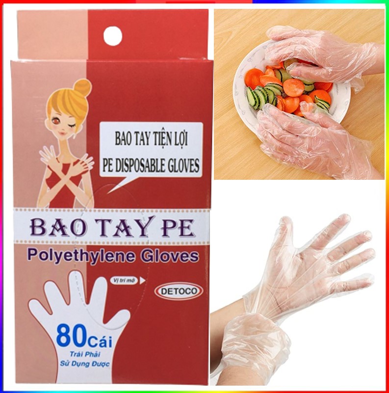 Bao tay Detoco chế biến thực phẩm, dược phẩm, phòng thí nghiệm, Y tế, nhựa PE chính phẩm 80 cái/hộp.