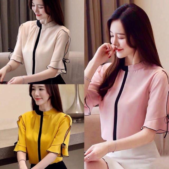 Áo sơ mi cổ tròn phối đen tay lỡ cánh tiên SMCC20