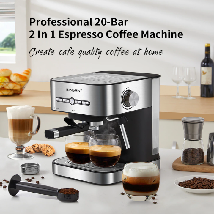 Máy pha cà phê Espresso kết hợp tạo bọt sữa Cappuccino thương hiệu của mọi nhà BioloMix CM6866, ngăn chứa nước 1.5L, áp suất 20 bar- Hàng chính hãng