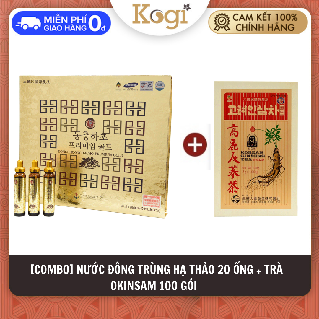 1 hộp 20 ống Đông Trùng Hạ Thảo Hàn Quốc Bio + 1 hộp Trà Sâm 100 gói Okinsam