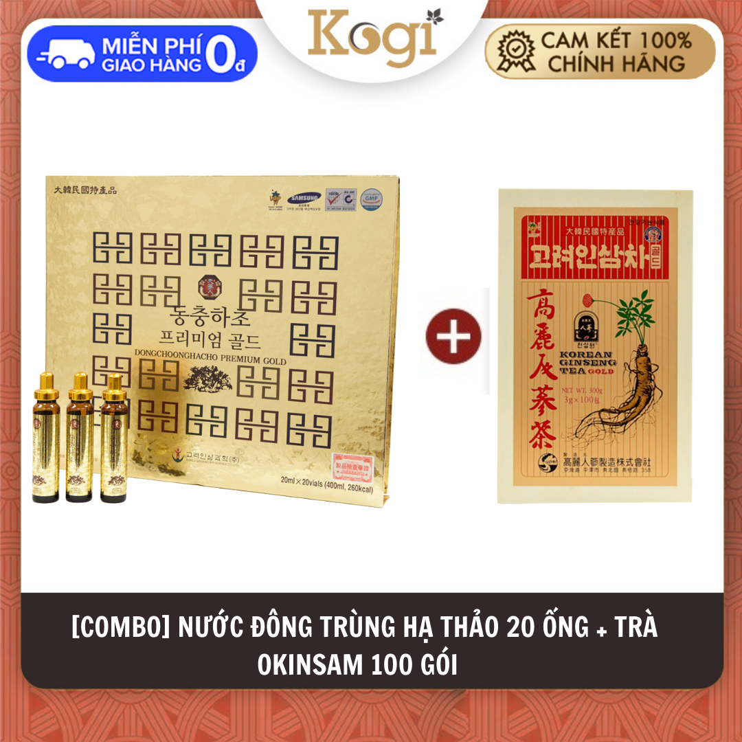 COMBO 1 hộp 20 ống Đông Trùng Hạ Thảo Hàn Quốc Bio  1 hộp Trà Sâm 100 gói Okinsam