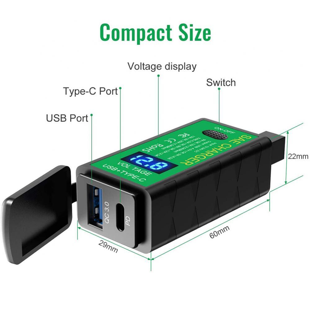 Bộ sạc xe máy M.2 3.1a/4.8a SAE đến USB Type-C Voltmeter Bật/Tắt Công tắc bộ sạc nhanh