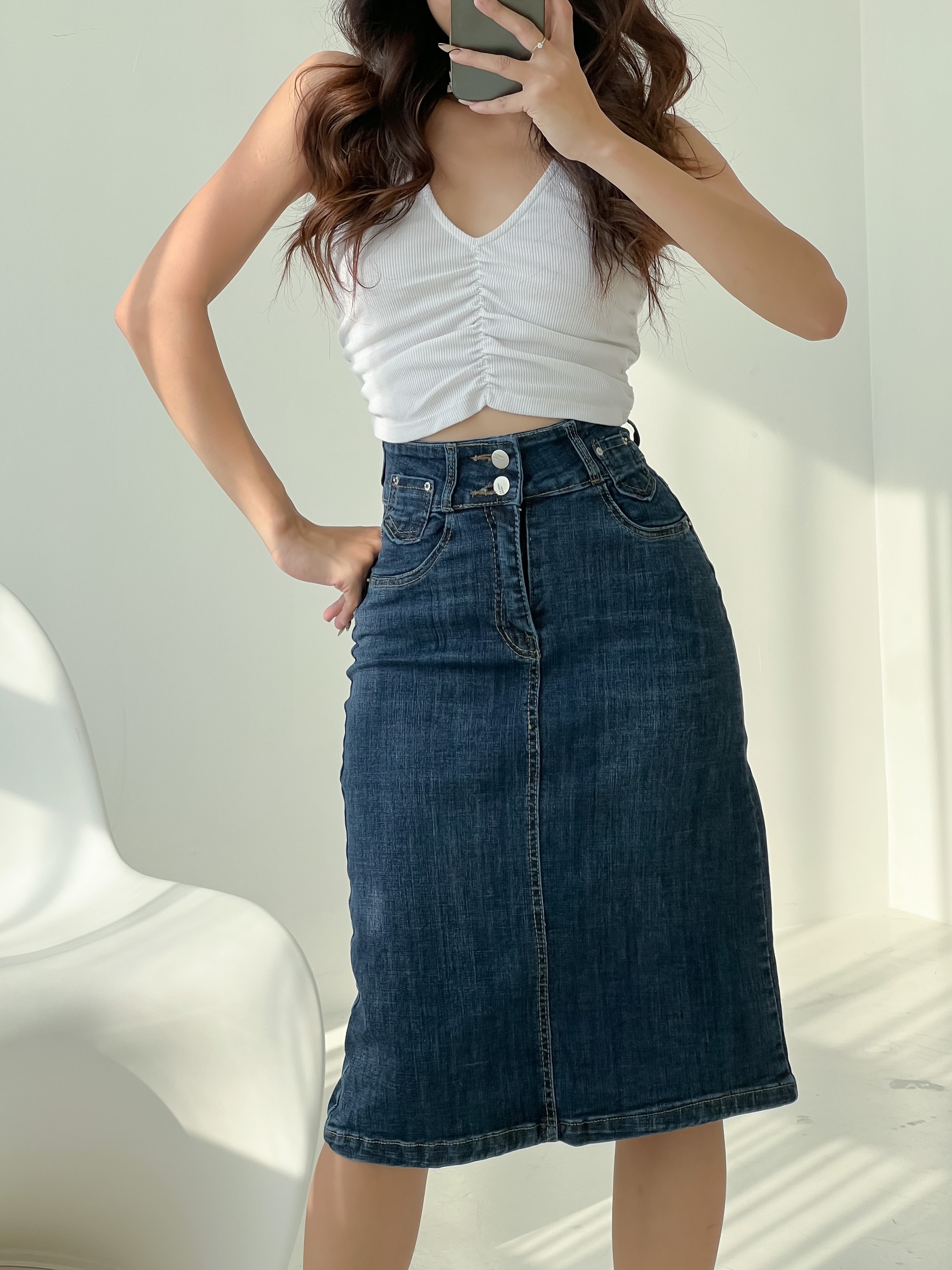 Chân váy jeans midi dáng bút chì co giãn lưng siêu cao ôm eo tôn dáng mẫu thiết kế HQJeans HQ9037