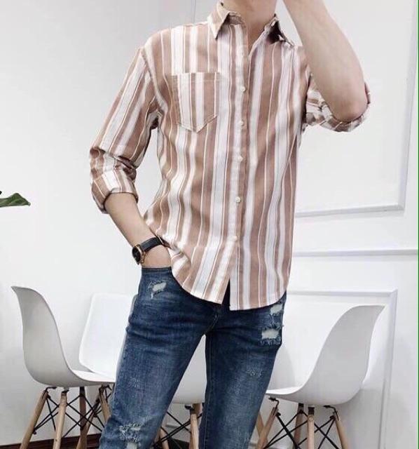 Áo sơ mi cặp sọc đứng trắng phối màu đẹp cao cấp