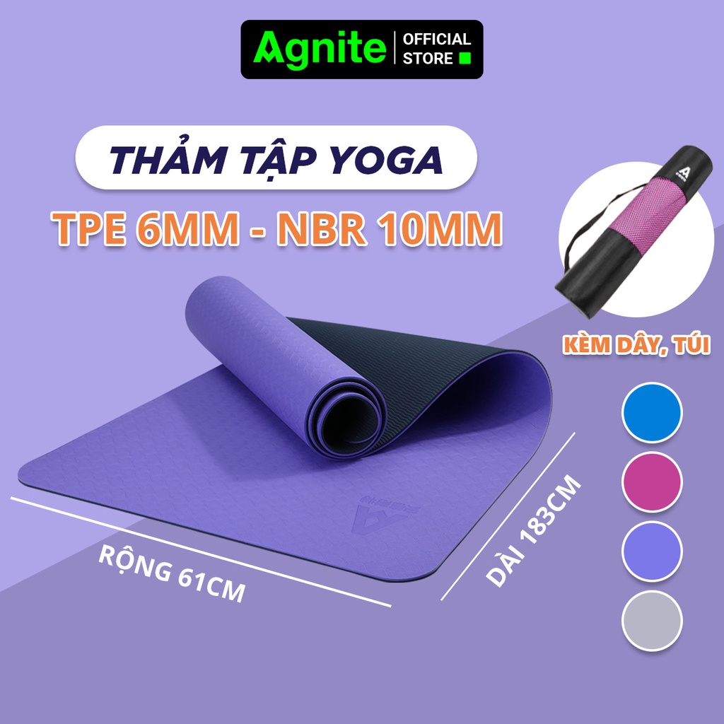 Thảm tập Yoga và GYM 2 lớp TPE dày 6mm cao cấp Agnite - Chống trơn trượt, khử ẩm mốc, độ bám tốt - Hàng chính hãng - Kèm dây buộc - F4177