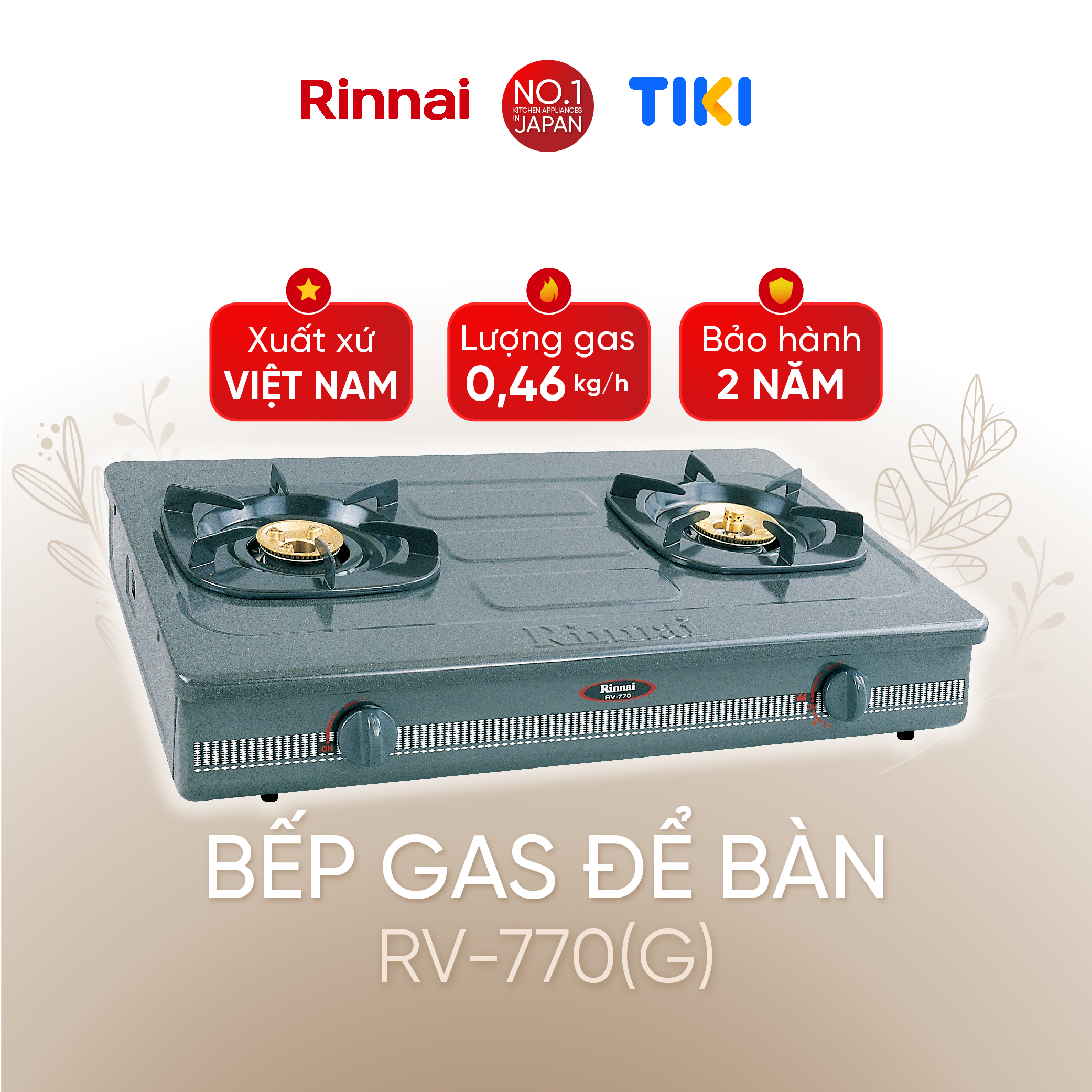 Bếp gas dương Rinnai RV-770(G) mặt bếp men và kiềng bếp men - Hàng chính hãng.