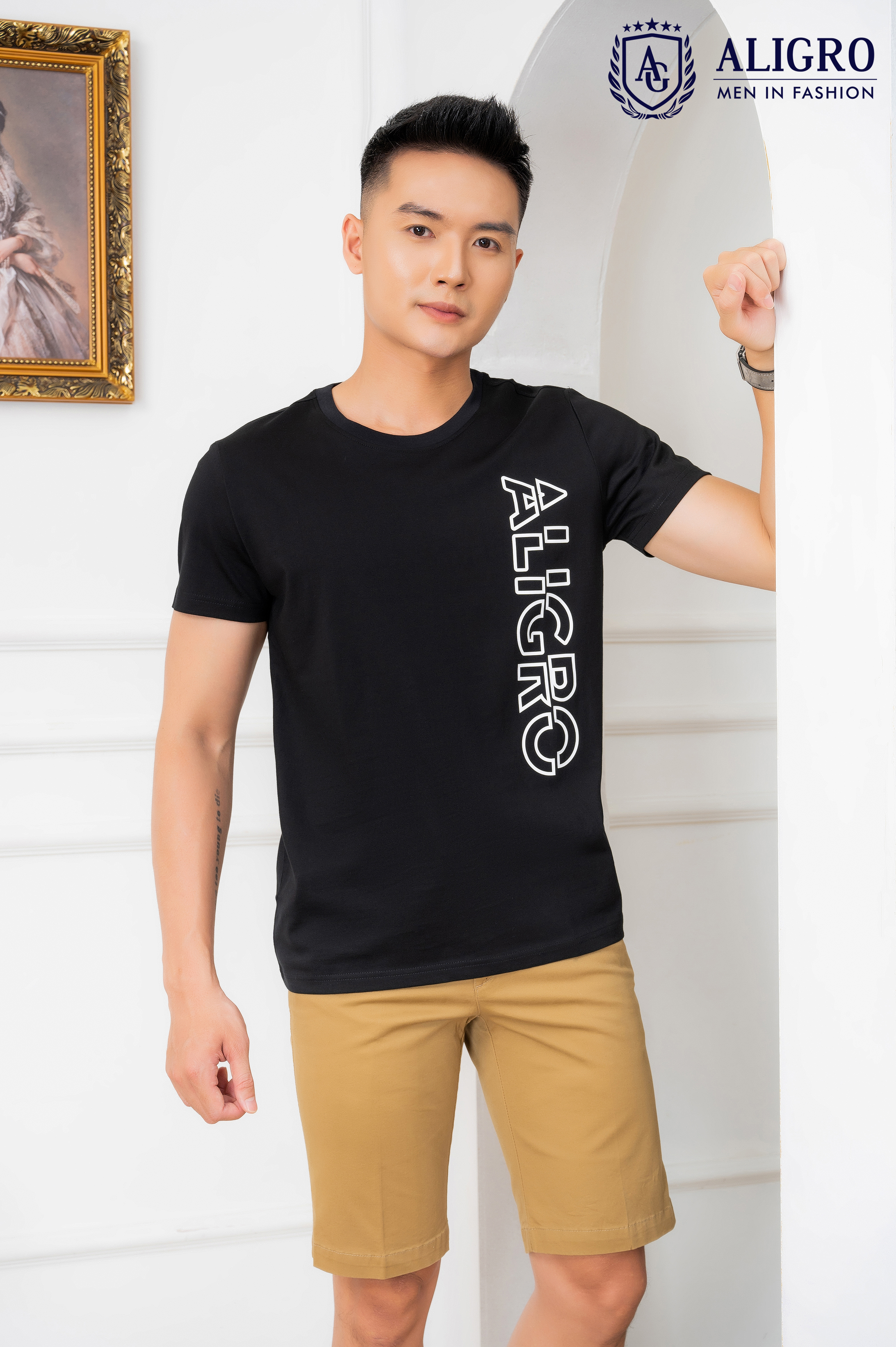 Áo thun nam ALIGRO chất liệu cotton cổ tròn kiểu dáng thể thao thấm hút tốt co giãn thoải mái ALGAPC072