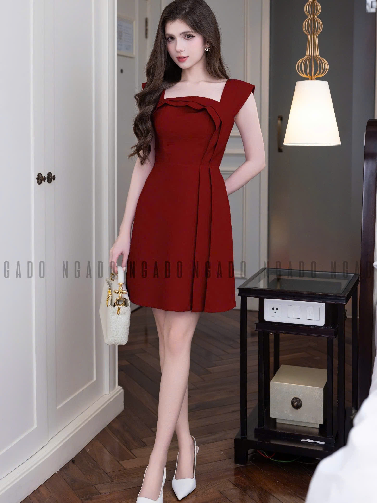 Đầm đỏ xếp ly NGADO , đầm kiểu Nữ , đầm dự tiệc , dạo phố