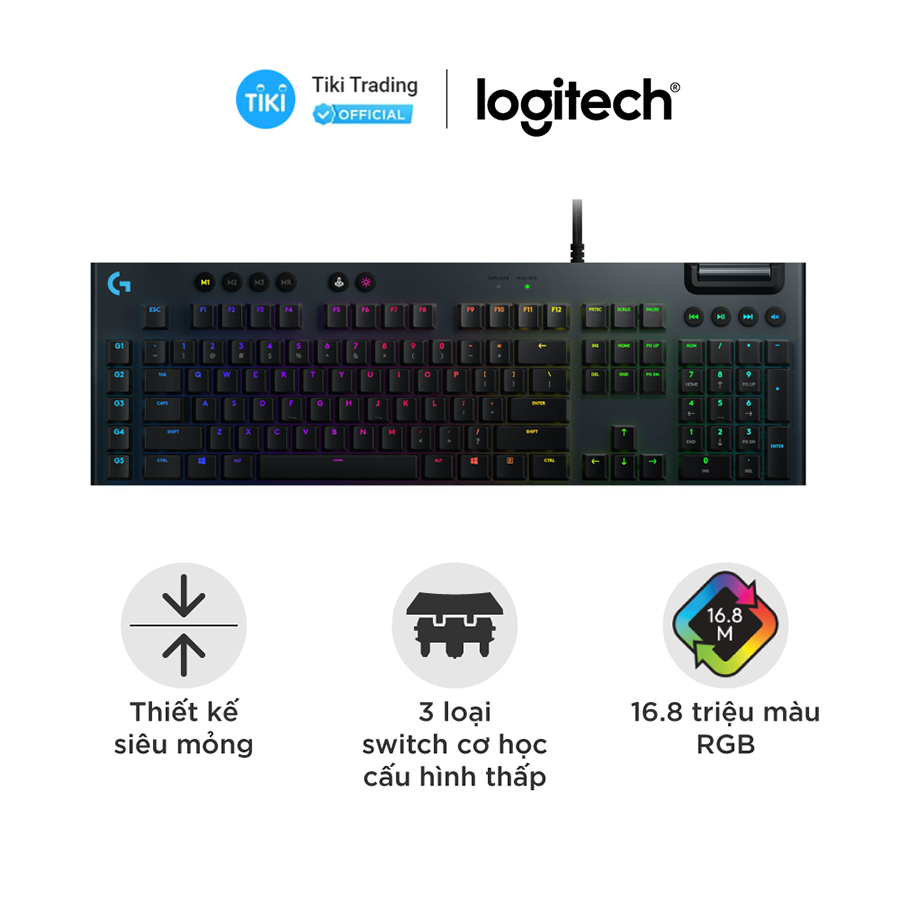 Bàn phím game cơ học RGB Logitech G813 - 3 loại switch cấu hình thấp, cổng USB 2.0, 5 nút lập trình, media chuyên biệt, RGB Lightsync - Hàng chính hãng