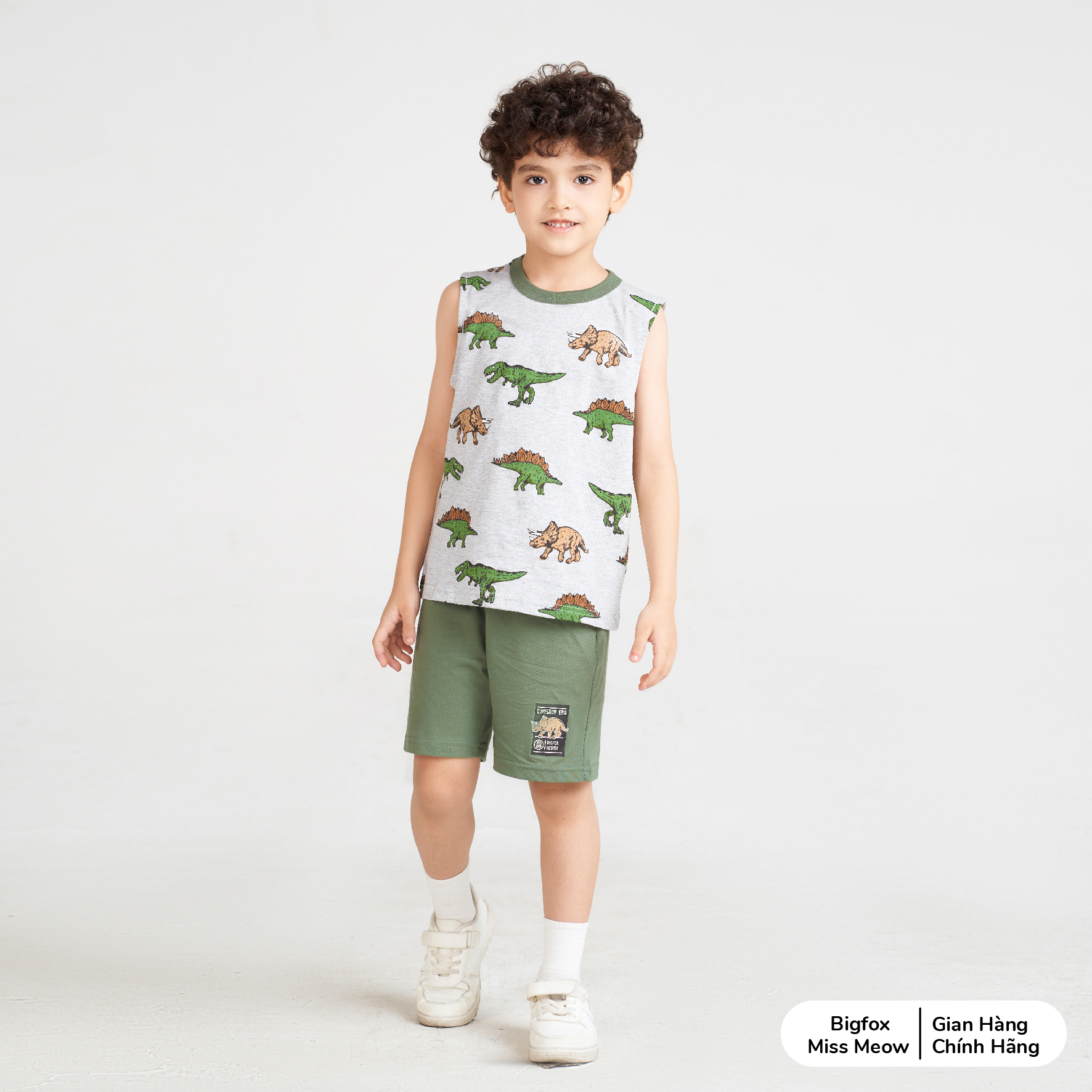 Bộ sát nách bé trai Bigfox Miss Meow mùa hè size đại vải cotton kiểu ba lỗ in khủng long 3,7,9,11 tuổi 30kg 40kg 1931