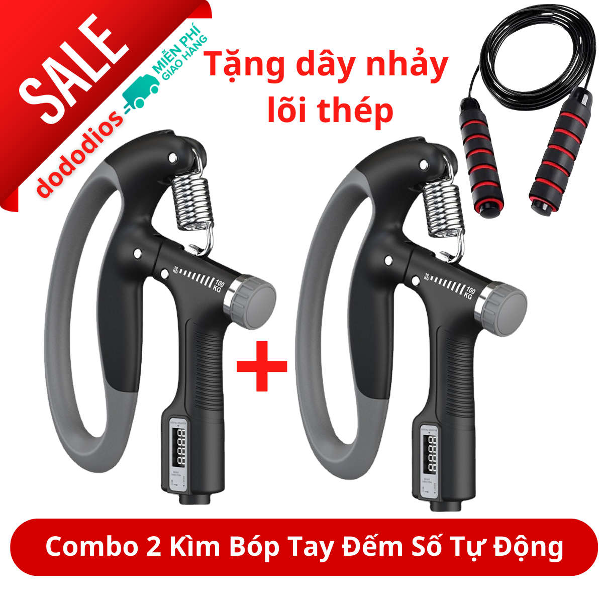 Combo gậy bẻ lò xo tập cơ tay gym + kìm bóp tập cơ tay 100kg PRO - TẶNG 1 DÂY NHẢY LÕI THÉP - Chính Hãng dododios