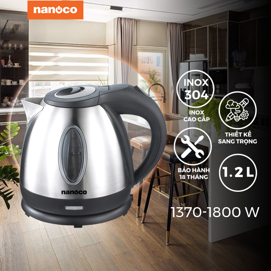Bình đun siêu tốc inox 304 Nanoco model NKT1216 dung tích 1.2 lít (có đèn báo sôi, nút bấm linh hoạt) - Hàng chính hãng