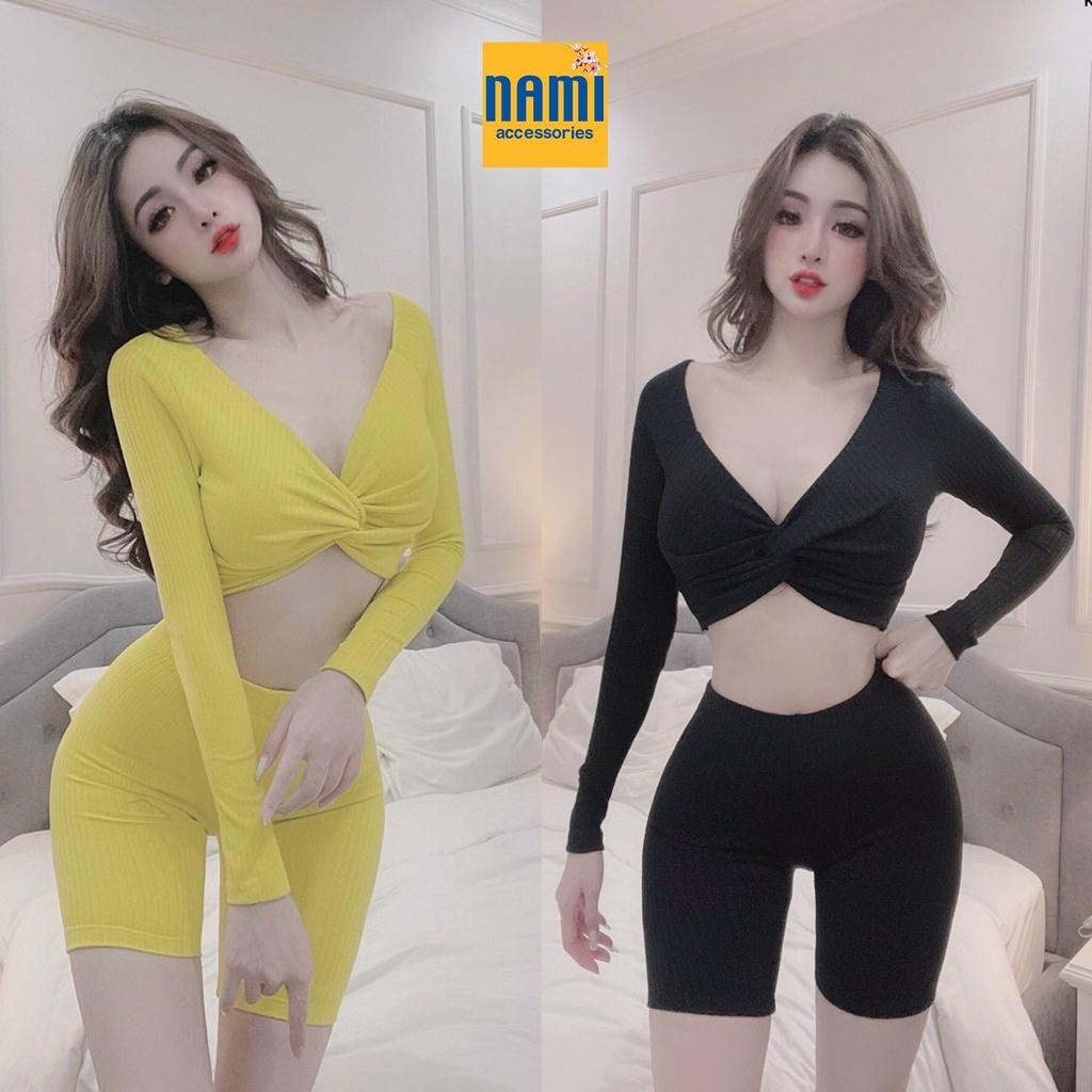 SET ÁO TAY DÀI XOẮN NGỰC KÈM QUẦN NGỐ LỬNG ÔM BODY QUYẾN RŨ GỢI CẢM - QANU444