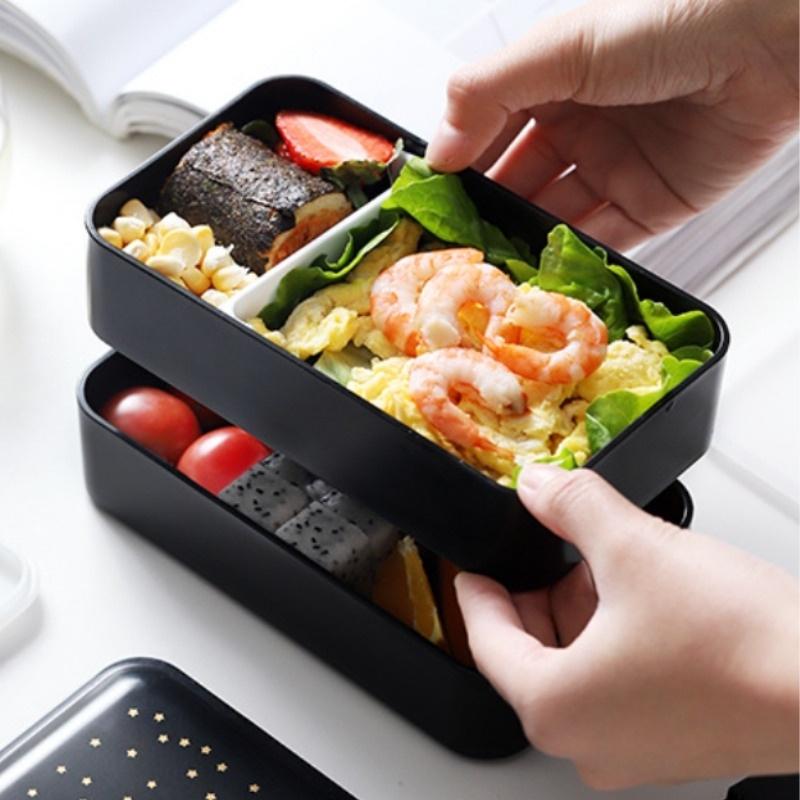Bộ 3 Sản Phẩm Hộp Cơm Trưa 2 Tầng Cốc Đựng Canh Và Túi Giữ Nhiệt Màu Đen Phong Cách Bắc Âu Siêu Đẹp