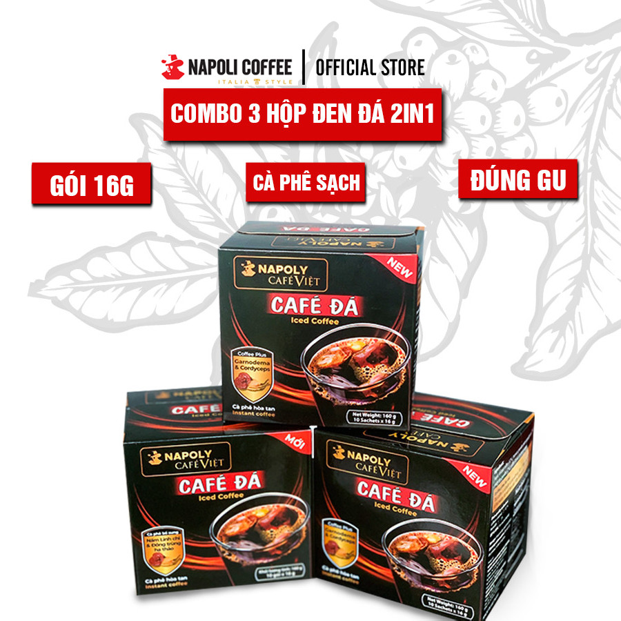 Cà phê đen đá 2in1 hòa tan bổ sung Nấm linh chi và Đông trùng hạ thảo Napoli Coffee hộp 10 gói x 16gr - [Tặng kèm 4 gói sữa nóng 3in1]