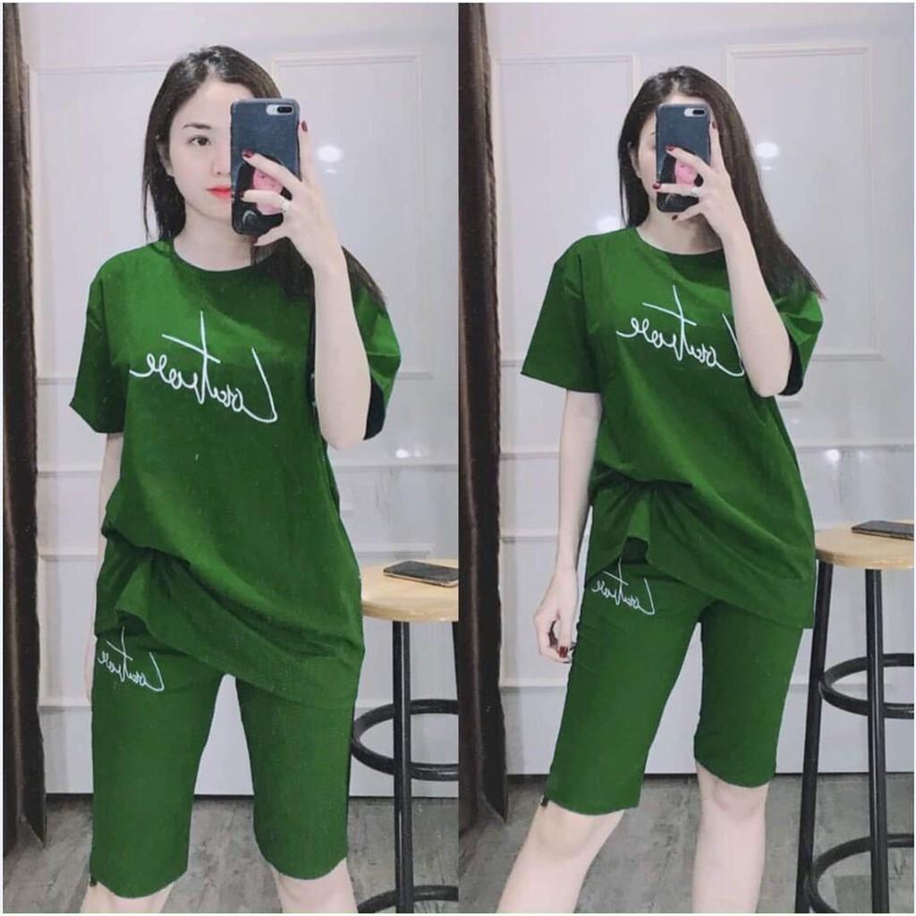 Đồ bộ nữ, set bộ đồ lửng mặc nhà thêu chữ chất vải cotton co giãn