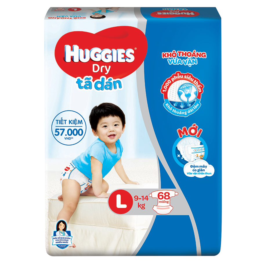 Combo 3 Gói Tã Dán Huggies Dry Gói Cực Đại L68 (68 Miếng) - Bao Bì Mới