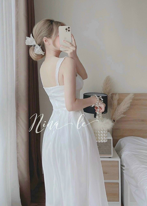 Đầm Voan Trắng 2 Dây Form Dài Cổ Cách Điệu Thời Trang