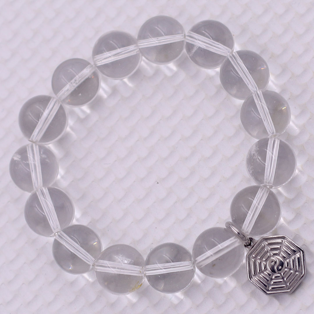 Vòng chuỗi đeo tay pha lê trắng charm bát quái inox, vòng tay hạt chuỗi, vòng chuỗi phong thủy, vòng tay nam nữ